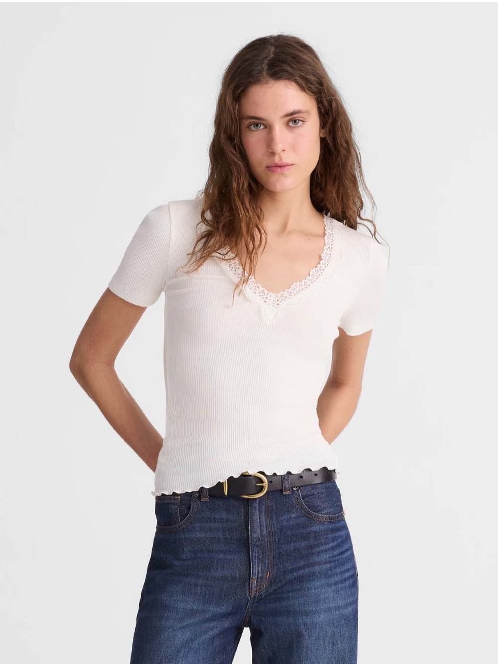 Madewell Lace-Trim V-Neck Top Winter White Size XL NWT